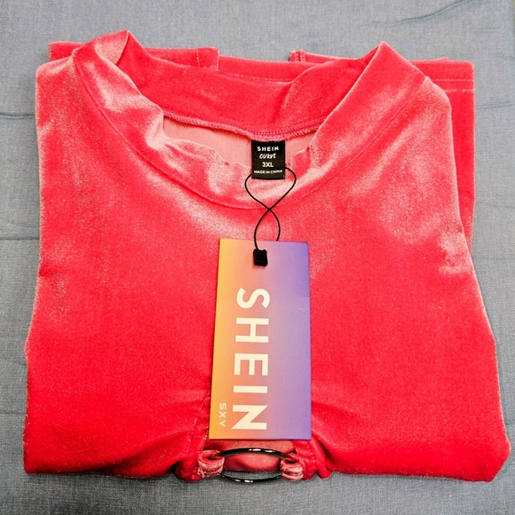 SHEIN CURV High Neck LongSleeve Cropped Pink Velvet Front Embellished O-Ring Top - Picture 8 of 14